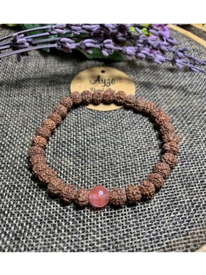 NehirTaş Sertifikalı   Rudraksha ( Rudrakşa) Tohumu, Pembe Kuvars Bileklik