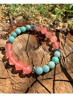 NehirTaş Sertifikalı   Amazonit ve Pembe Kuvars Bileklik