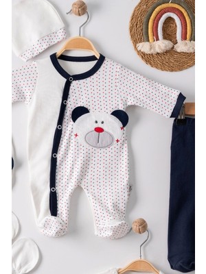 Babydonat Puanlı Ayıcık Nakışlı Tulumlu % 100 Pamuk Erkek Bebek 5'li Set