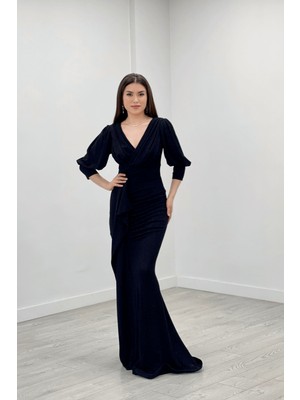 giyimmasalı Simli Kumaş Balık Model Volan Detaylı Abiye Elbise - Siyah