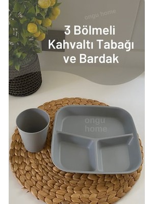 Reis Home 2 Adet Kahvaltı Tabağı Üç Bölmeli Tabak Mama Tabağı Tabldot ve Bardak 2 Şer Adet