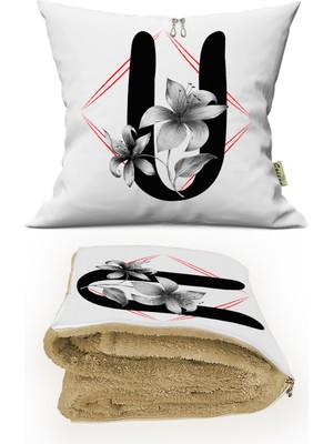 Caisya Home U Harfi Baskılı Kişiye Özel Opsiyonel Battaniyeli Yastık Dekoratif Kırlent