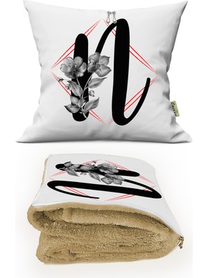 Caisya Home N Harfi Baskılı Kişiye Özel Opsiyonel Battaniyeli Yastık Dekoratif Kırlent