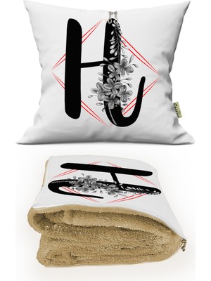 Caisya Home H Harfi Baskılı Kişiye Özel Opsiyonel Battaniyeli Yastık Dekoratif Kırlent