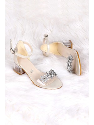 Kiko Kids 790  Taşlı Kız Çocuk 3 cm Şeffaf Topuklu Sandalet Ayakkabı Altın