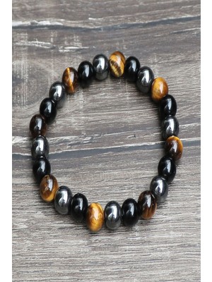 NehirTaş Sertifikalı   Sağlık Mıknatısı Doğal Taş Bileklik (Kaplan Gözü-Hematit-Oniks)