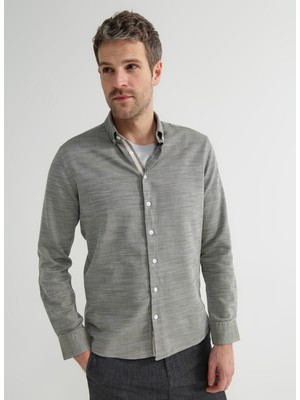 Fabrika Basic Düğmeli Yaka Armürlü Haki Erkek Gömlek NON-KAR