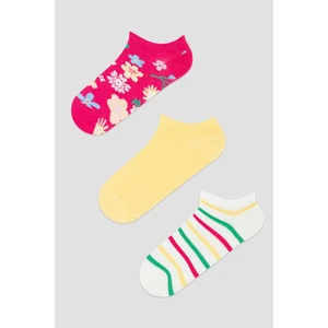 Çiçek Desenli Çizgili 3Lü Patik Çorap