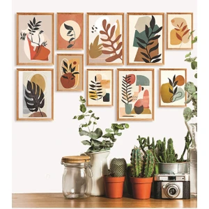 Nt Handmade 10PARÇA Ahşap Çerçeve Görünümlü Bohem Yapraklar Duvar Dekoru Salon Oturma Yatak Odası Için Tablo Set