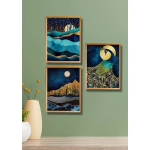 Nt Handmade 3 Parça Ahşap Çerçeve Görünümlü Nordic-Blue - Salon Yatak Odası Mutfak Için Tablo Seti