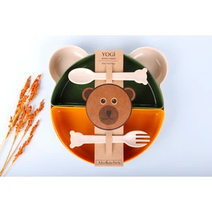 Alin Kitchen Ayıcık 4 Bölmeli Mama, Yemek Tabağı ve Çatal Kaşık Seti (7 Parça)