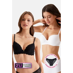 Pierre Cardin 2'li Ekonomik Paket Siyah-Beyaz 6329-3 Lyon Balenli Double Push Up  Micro Sütyen Set (Slip Hediyeli)
