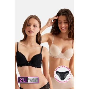 Pierre Cardin 2'li Ekonomik Paket Siyah-Ten 6329-3 Lyon Balenli Double Push Up  Micro Sütyen Set (Slip Hediyeli)