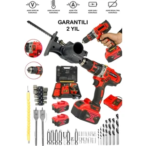 SCHUTZENGER 128 Vf Bakır Sargı Darbeli Şarjlı Matkap 2 Akü Metal Şanzıman Vidalama Testere Aparat 44 Pcs Setli