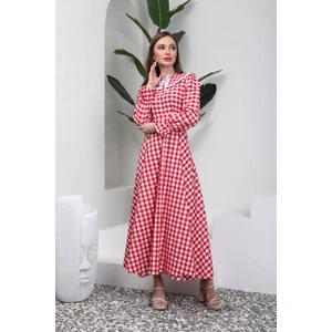 Küçüğüm Butik Tesettür Seyyar Yakalı Pötikare Kırmızı Elbise