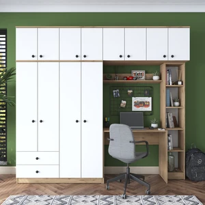 BA122 Geniş Gardırop Açık Raflı Elbise Dolabı + Çalışma Masası + Kitaplık Sepet Ceviz - Beyaz 216 x 240 cm