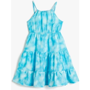 Midi Elbise Askılı Batik Desenli Katlı