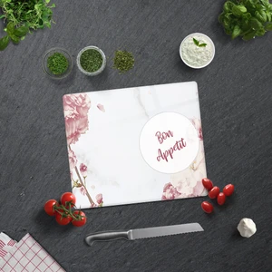 Bon Appetit | Pudra Pembe Çiçekler | Cam Kesme Tahtası - Cam Kesme Tablası | 29cm x 34cm
