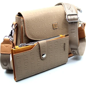 Just Polo Vizon Baskı Desenli Kolon Askılı 4 Bölmeli Kadın Omuz Çantası ve Cüzdan Kombini 25X15CM PBU2184