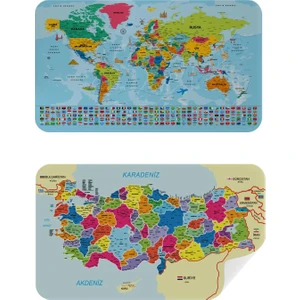 Doğaltercih Eğitici Öğretici Türkiye ve Ülke Bayraklı Dünya Haritası Kendinden Yapışkanlı Sticker Seti 100 x 65 cm