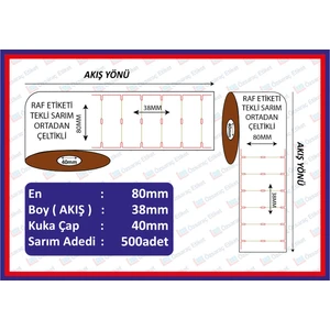 Raf Etiketi 80X38 500 Sarım Yatay  Ortadan Çeltikli