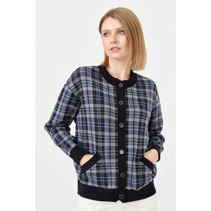 Desen Triko Kadın Sıfır Yaka Ekose Desenli Kısa Ceket Lacivert