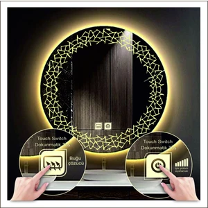 80 cm Günışığı Ledli Tasarım Kumlamalı Dokunmatik Tuşlu Buğu Önleyicili Banyo Aynası Makyaj Aynası