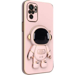Xiaomi Redmi Note 10S Kılıf Kamera Korumalı Astronot Desenli Standlı Silikon Pembe