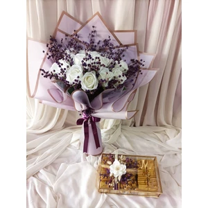 Destina Tasarım Lila/mor Kız Isteme Çiçek Buketi  ve Çikolata Seti