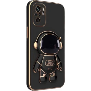Xiaomi Redmi Note 10S Kılıf Kamera Korumalı Astronot Desenli Standlı Silikon Siyah