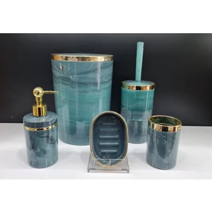 5 Parça Akrilik Yuvarlak Banyo Seti Yeşil Mermer Gold Kromaj 5'li