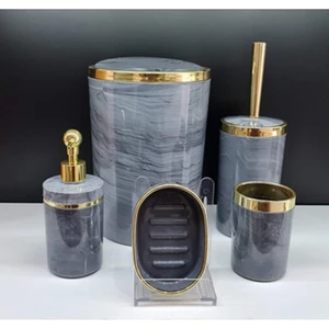 5 Parça Akrilik Yuvarlak Banyo Seti Antrasit Gri Mermer Gold Kromaj 5'li