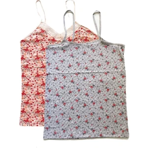 2 Adet Kadın Askılı Desenli Atlet Dantelli Empirme Pamuklu Penye D1-2