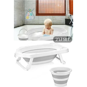 2'li Set Katlanır Bebek Banyo Seti - Katlanabilir Bebek Küveti Su Kovası Seti Gri
