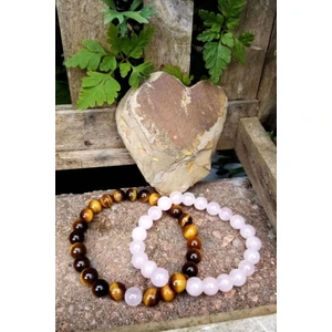 Sertifikalı   Doğal Taş Çift Bilekliği ( Pembe Kuvars ve Kaplan Gözü Bileklik )