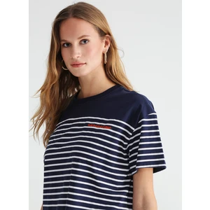 Bisiklet Yaka Çizgili Lacivert - Beyaz Kadın T-Shirt Borı