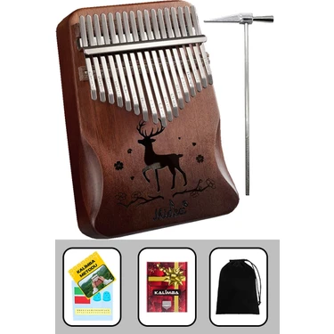 Midex KLX-520 Hakiki Ağaç Kalimba Geyik Desenli Ahşap Full Set 17 Çelik