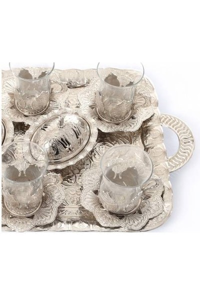 Gümüş Işleme Motifli 6 Lı Osmanlı Çay Seti,metal Işlemeli Kulplu Çay Bardağı Takımı