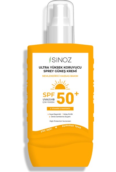 Sinoz SPF50+ Ultra Yüksek Koruyucu  Vücut Güneş Kremi - Nemlendirici Hassas Bakım -  200 ml Sprey