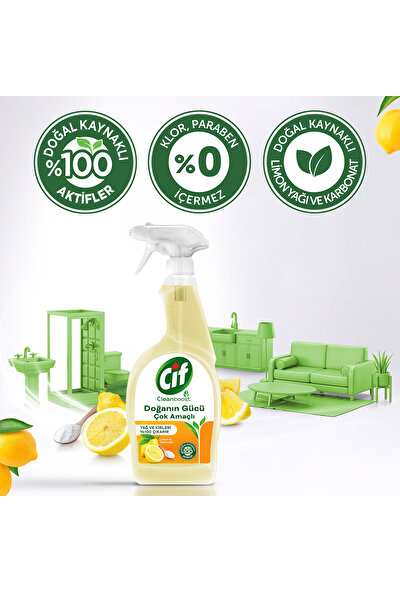 Cif Doğanın Gücü Çok Amaçlı Yüzey Temizleyici Sprey Yağ ve Kir Leke Çıkarıcı Cleanboost Teknolojisi Limon & Karbonat 750 ML