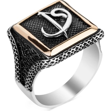 925 Ayar Gümüş Elif Vav Figürlü Kare Tasarım Taşsız Erkek Yüzük