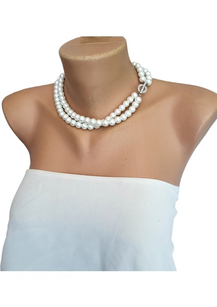 El Yapımı Abiye Beyaz Inci Kolye ve Bileklik Set Küpe Hediyeli
