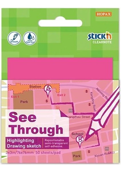 Stickn Şeffaf Yapışkanlı Not Kağıdı & Post It Saydam Pembe 76X76 mm