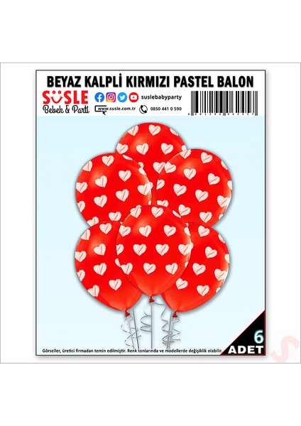 Beyaz Kalpli Kırmızı Pastel Balon, 30CM x 6 Adet