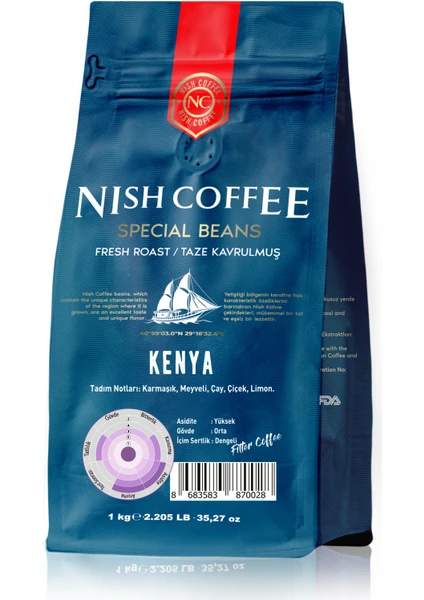 Nish Kahve Filtre Kahve Nish Özel Seri Kenya 1 Kg Kağıt Filtre İçin Çekilmiş