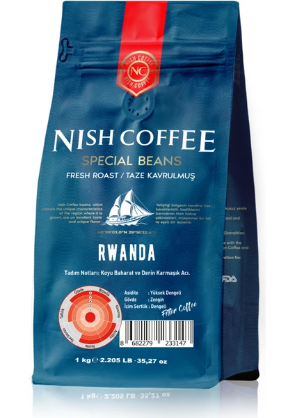 Nish Kahve Filtre Kahve Nish Özel Seri Rwanda 1 Kg Çekirdek Kahve