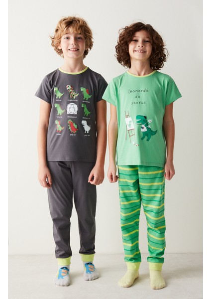 Erkek Çocuk Ressam Dinozor Desenli 2li Pijama Takımı