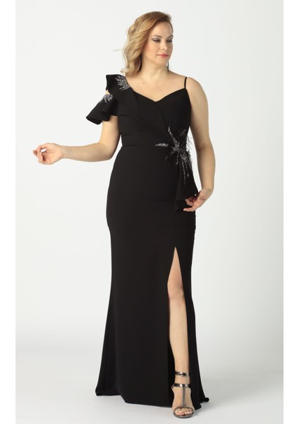 21927 Siyah Omuzu Iki Katlı Beli Taş Işlemeli Kadın Büyük Beden Abiye Elbise