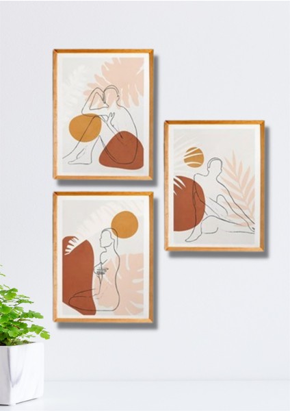 3 Parça Ahşap Çerçeve Görünümlü Tropical-Line - Salon Yatak Odası Mutfak Için Tablo Seti