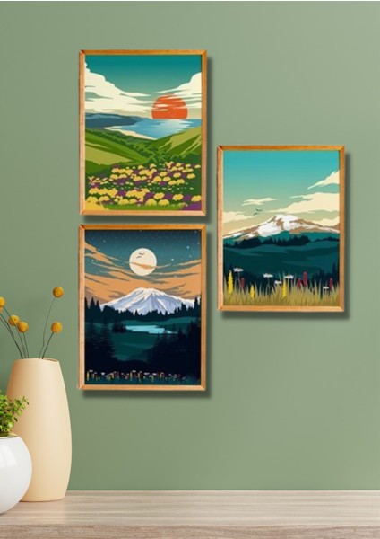 3 Parça Ahşap Çerçeve Görünümlü Parks-Exmoor - Salon Yatak Odası Mutfak Için Tablo Seti